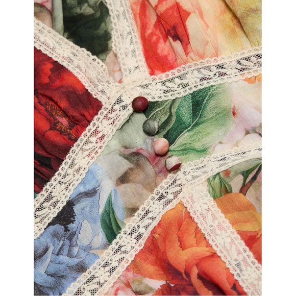 Alice + Olivia Lara Deep V Lace Trim Mini Dress — Multicolor Floral Size 4 NWT - Picture 5 of 13